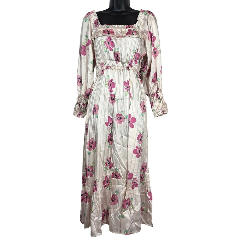 Nicholas Pleated Prairie Dress Floral Maxi Long Sleeve Pink - S